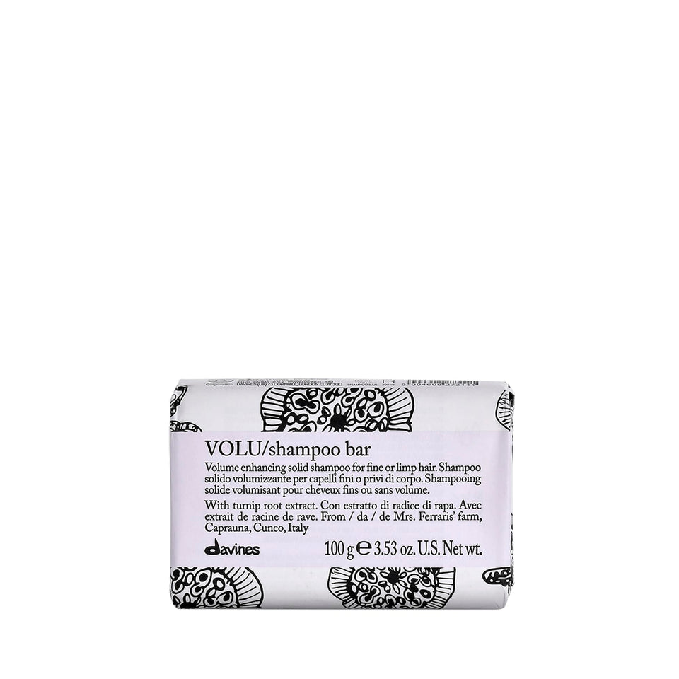 Davines VOLU Shampoo Bar packaging highlights eco-friendly FSC paper.
