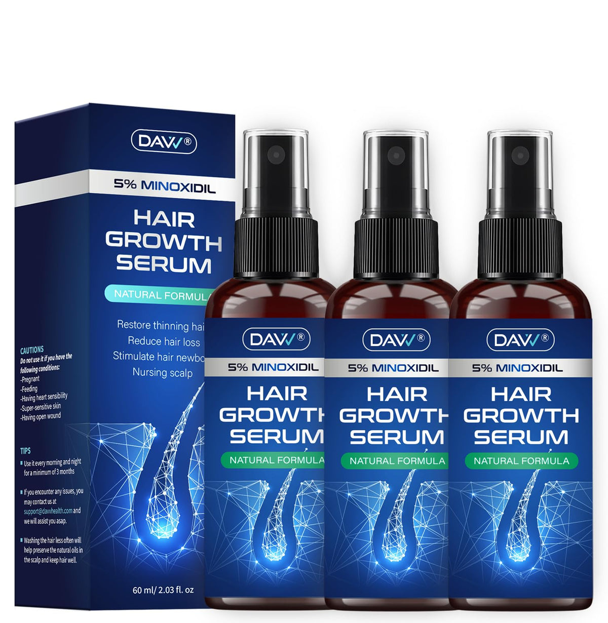 DAVV 5% Minoxidil spray for dry hair application with even scalp coverage.