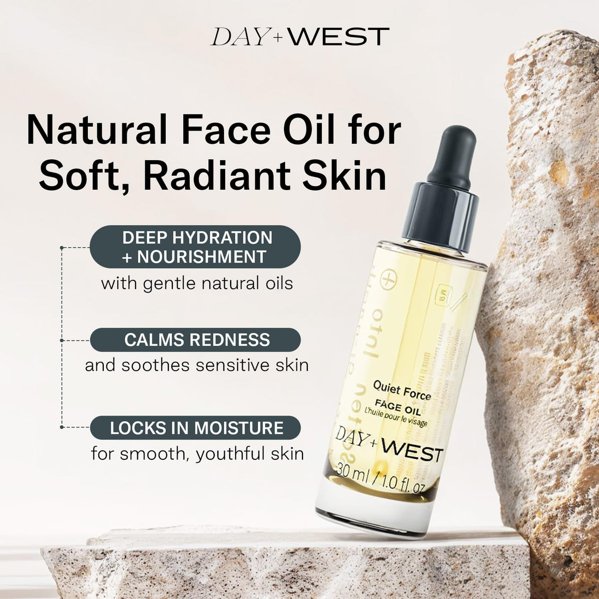 Day + West Quiet Force oil being applied to skin for moisture.