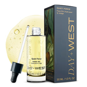 Day + West Quiet Force Face Oil bottle on vanity for daily hydration.