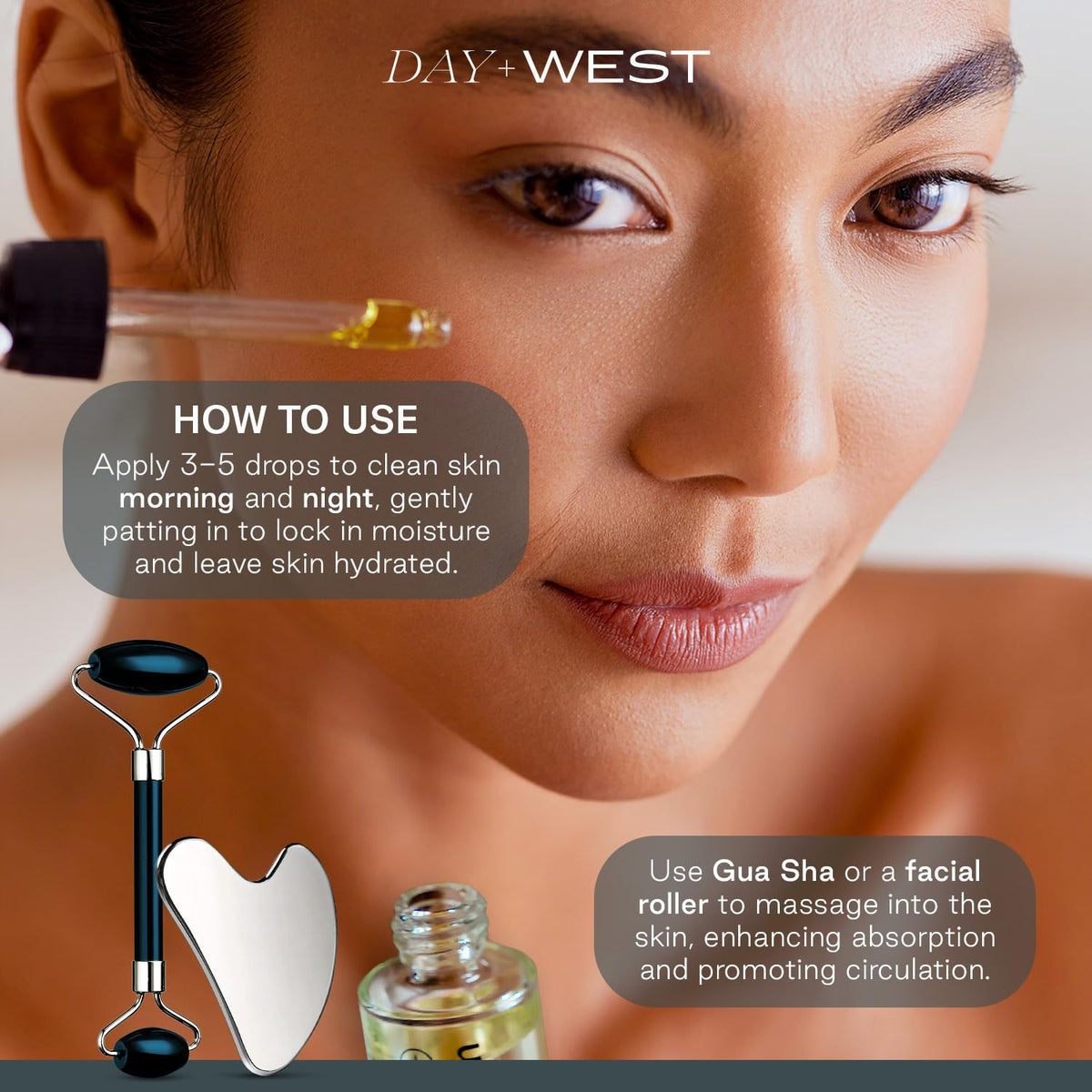 Day + West Quiet Force oil used with gua sha for smooth glide.