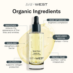 Day + West Quiet Force rosehip and squalane ingredients nourish skin.