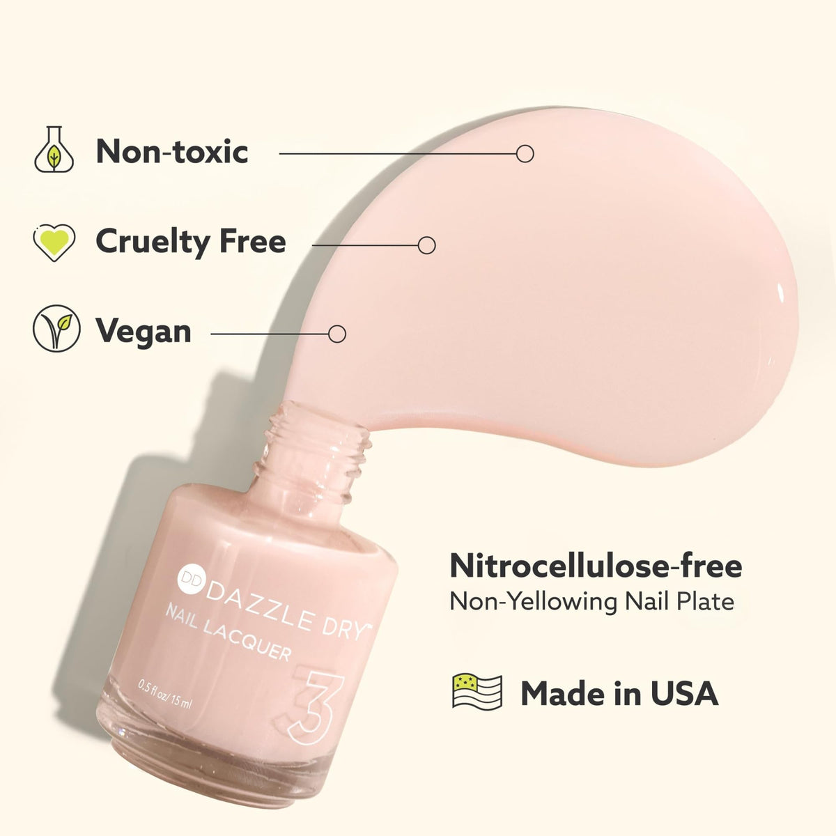 Dazzle Dry Broadway Beige nail polish close-up reveals opaque cream.