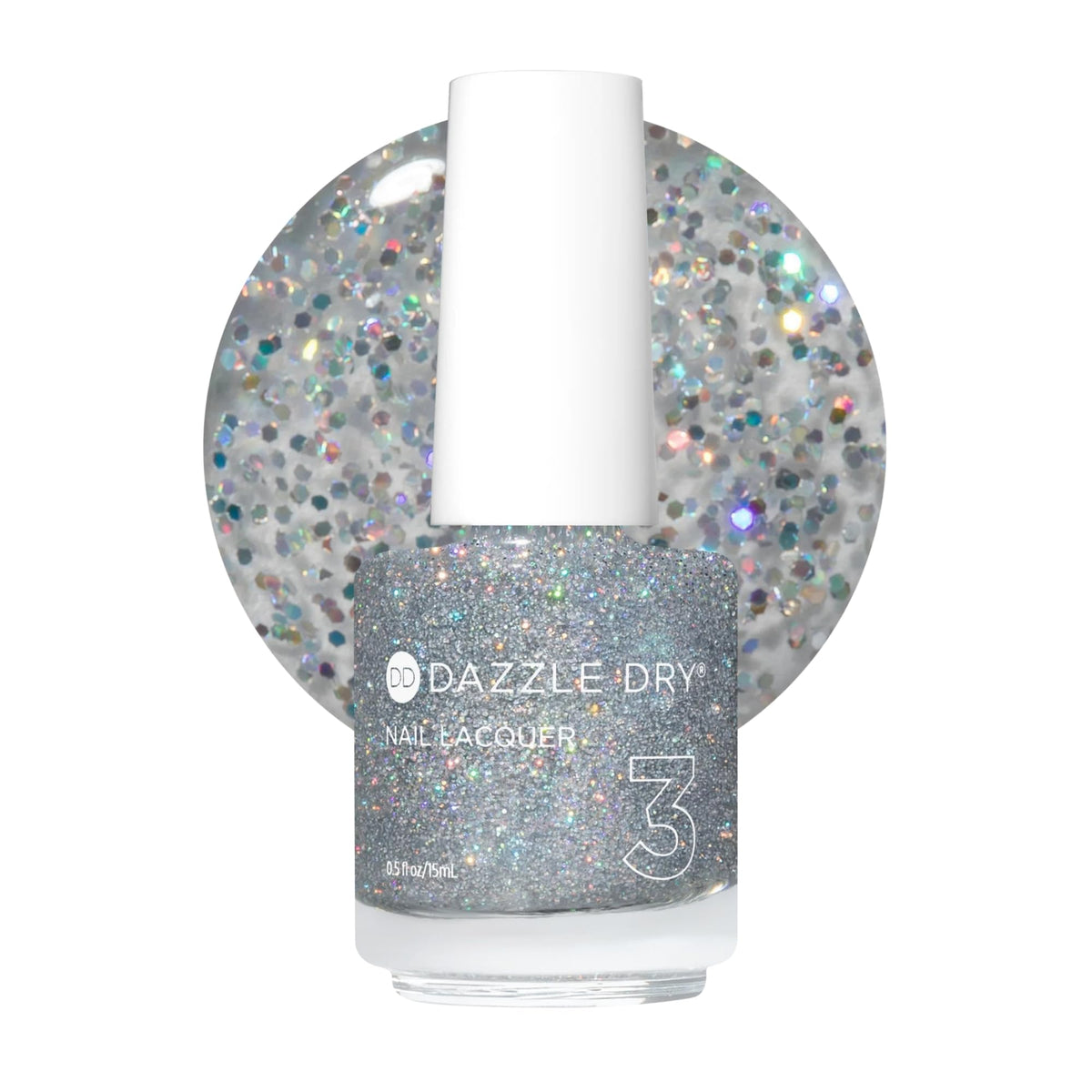 Dazzle Dry Diamond bottle with holographic glitter in a clear base for quick-dry wear.