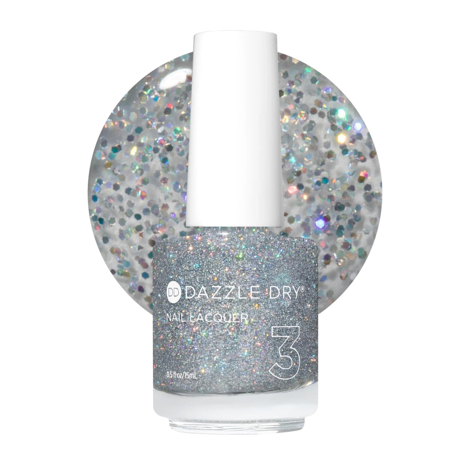 Dazzle Dry Diamond bottle with holographic glitter in a clear base for quick-dry wear.