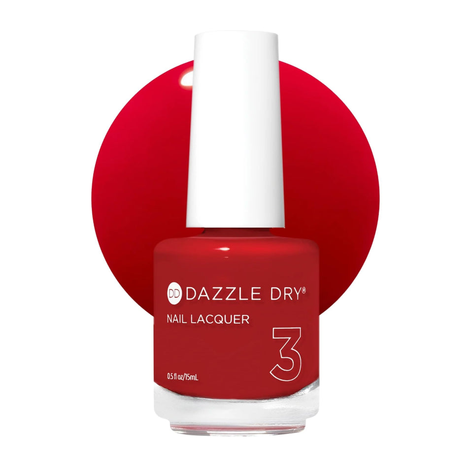 Dazzle Dry Lit nail lacquer bottle in semi-sheer bright red for fast-drying, salon-quality color.