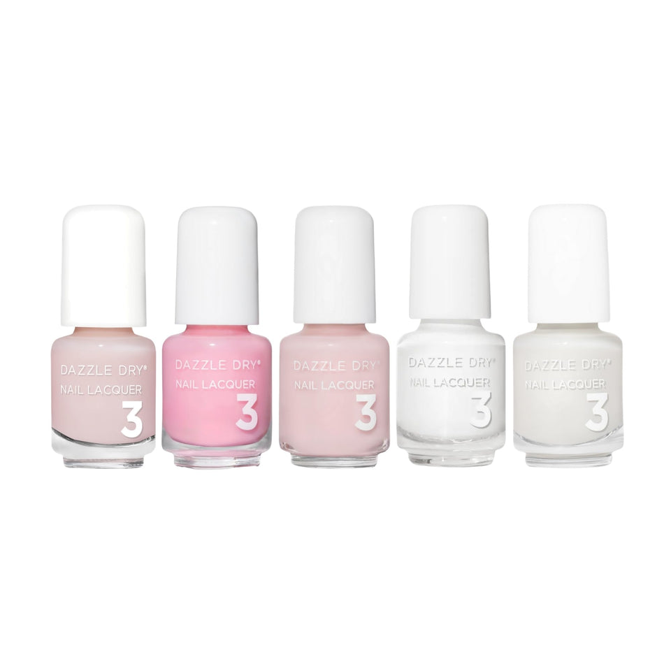 Dazzle Dry Mini Flight packaging and bottles for at-home French manicure kit
