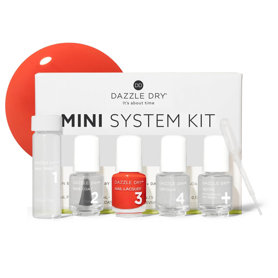 Dazzle Dry mini kit setup with Nail Prep and Base Coat for quick at-home manicure.