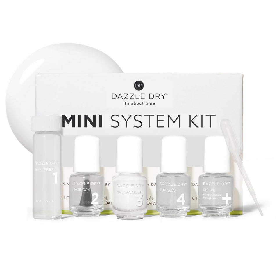 Dazzle Dry mini kit box and bottles for at-home quick-dry nails.