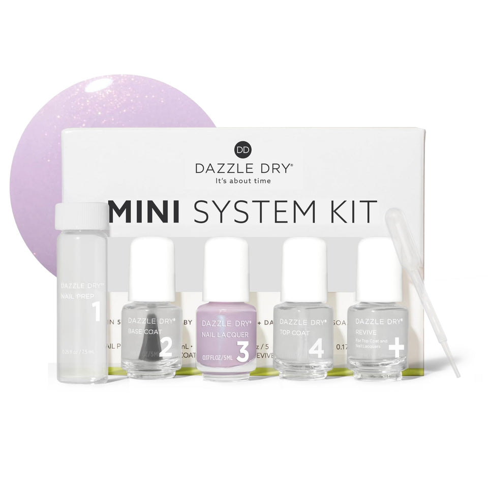 Dazzle Dry Lovely Lilac bottle with pink shimmer for at-home manicure.
