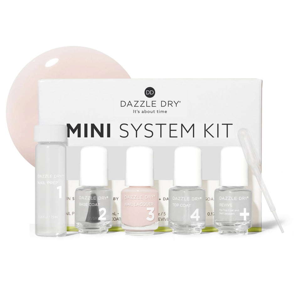 Dazzle Dry Rose Quartz nail prep mini kit for a smooth base and lasting color.