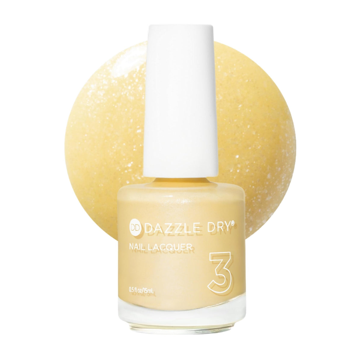 Dazzle Dry Solstice soft pale yellow bottle shows gentle shimmer for everyday nails.