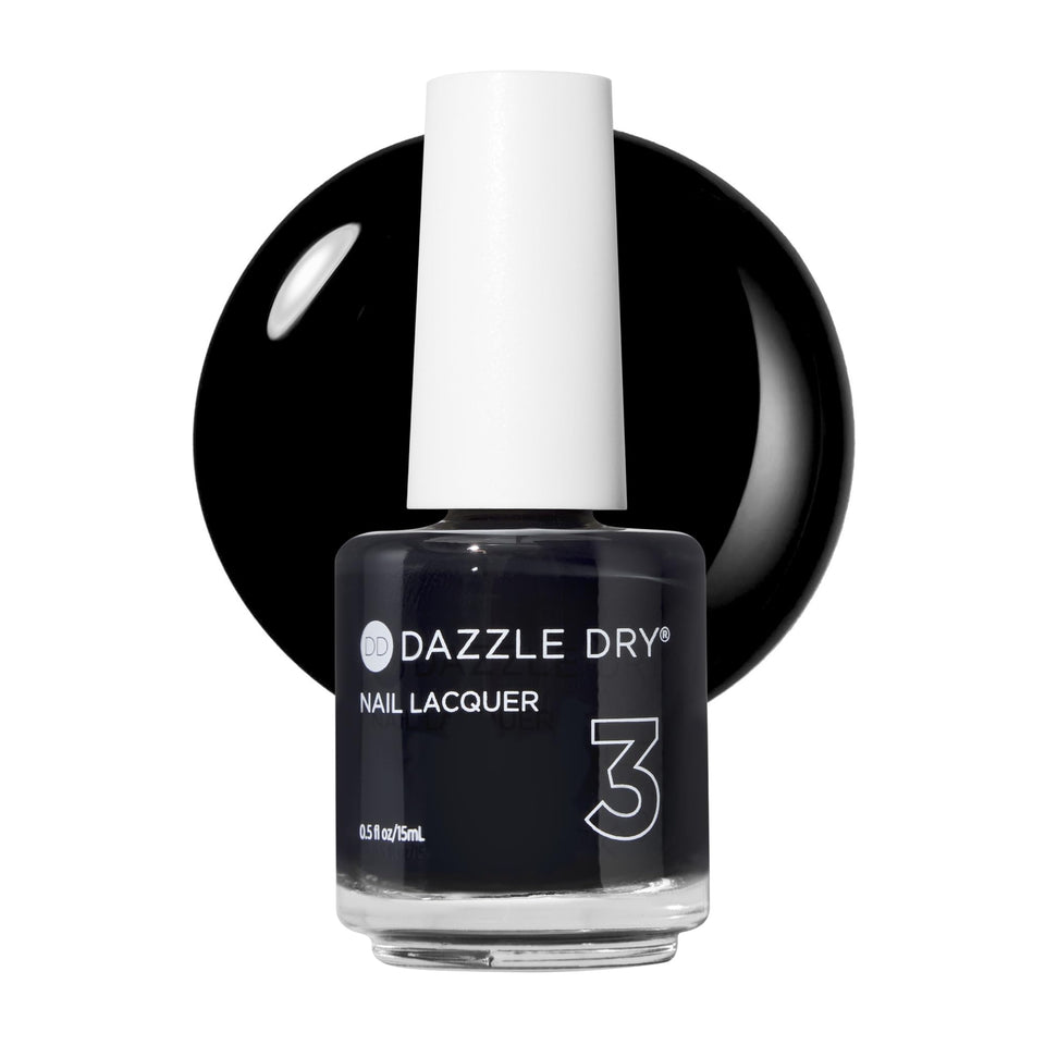 Dazzle Dry Midnight Express bottle closeup; bold black cream for quick color application.