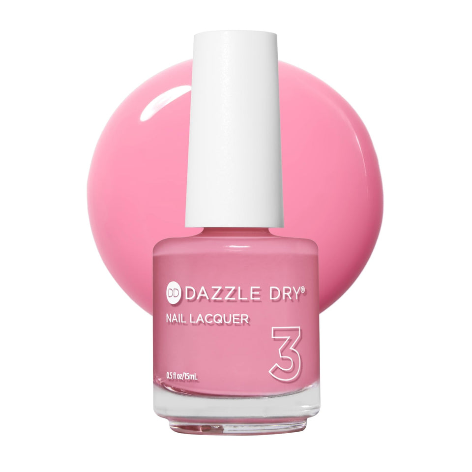 Dazzle Dry Soulmate bubblegum pink lacquer on nail swatch for bold color.