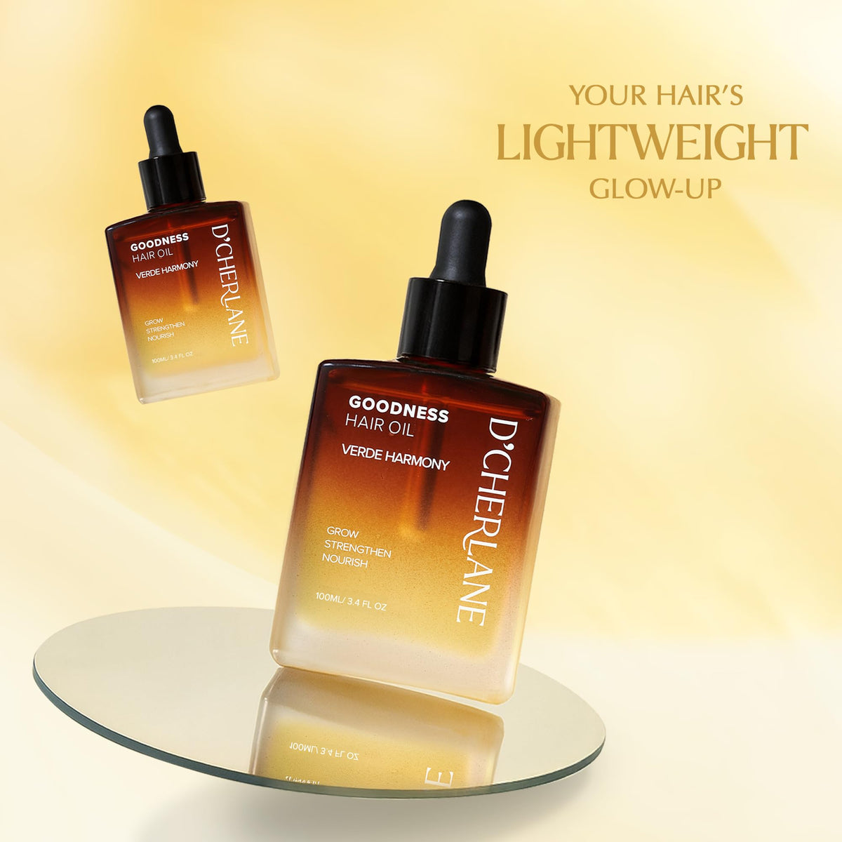 D'Cherlane Hair Growth Oil in amber glass preserves potency and scent.