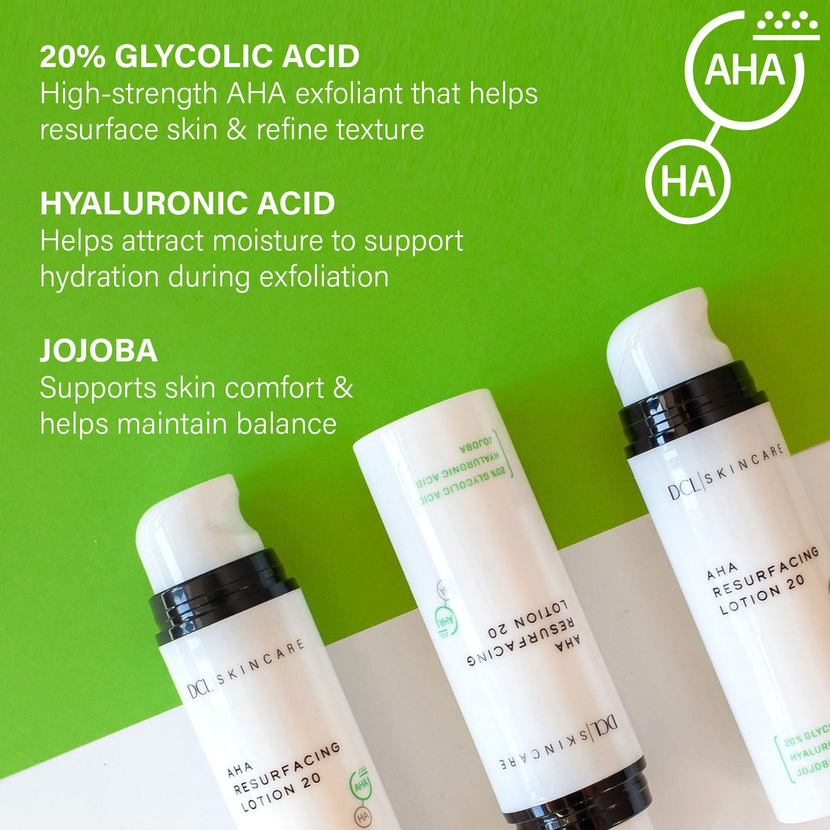 DCL Skincare AHA Resurfacing Lotion 20 application on hand for nightly use