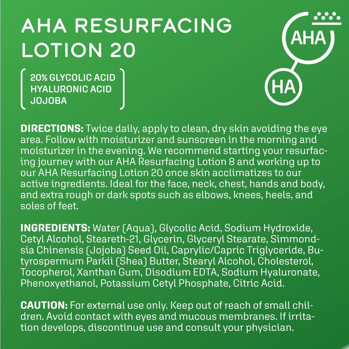 DCL Skincare AHA Resurfacing Lotion 20 ingredients highlight glycerin and vitamin E