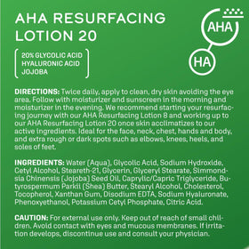 DCL Skincare AHA Resurfacing Lotion 20 ingredients highlight glycerin and vitamin E