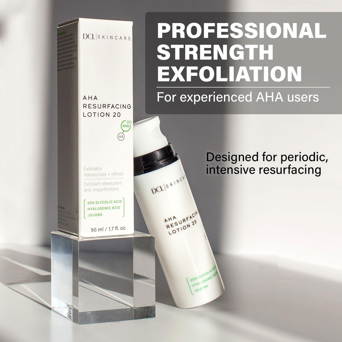 DCL Skincare AHA Resurfacing Lotion 20 label showing glycolic acid for strong exfoliation