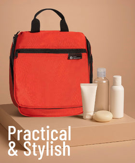 DD D&D Wanderlust bag shown in a hotel bathroom setup for convenience
