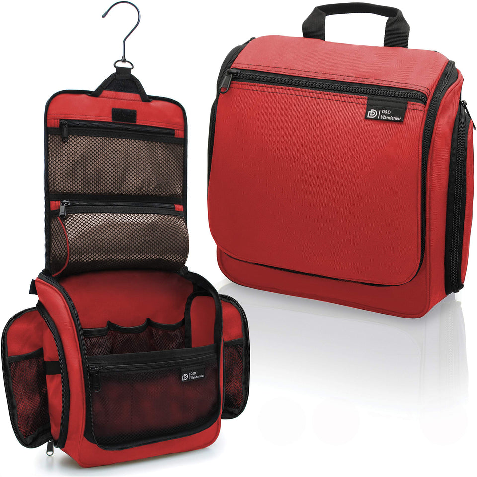 DD D&D Wanderlust hanging toiletry bag red close-up highlights durable water-resistant fabric