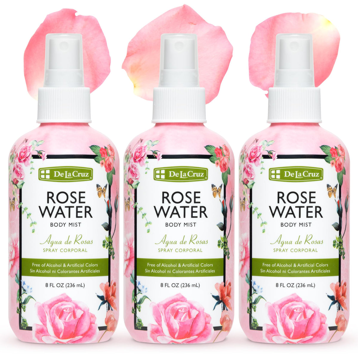 De La Cruz pure rose water body mist bottle delivering a refreshing scent for skin.