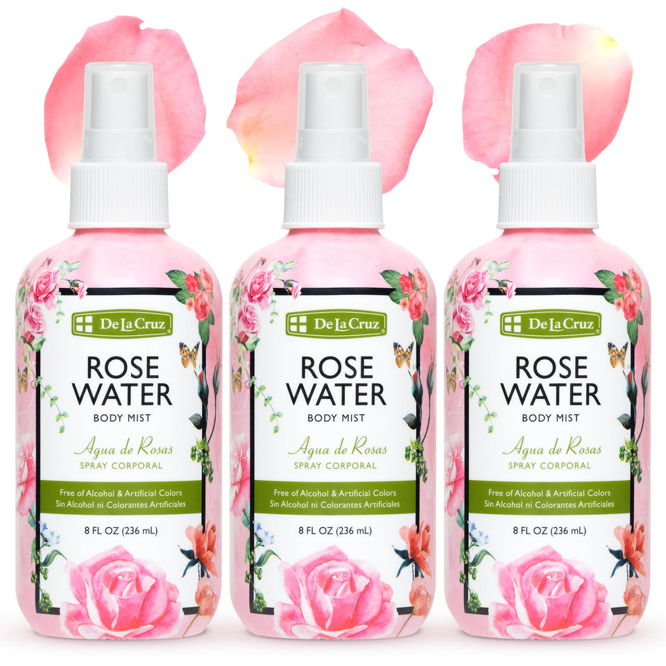 De La Cruz pure rose water body mist bottle delivering a refreshing scent for skin.