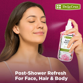 De La Cruz rose water spray diffuses natural rose fragrance in air.