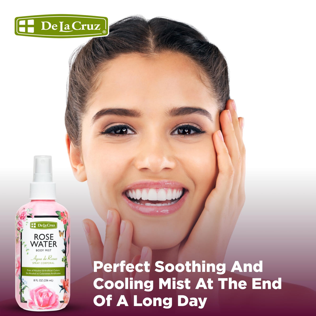 De La Cruz rose water spray is alcohol-free and gentle on skin.