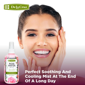 De La Cruz rose water spray is alcohol-free and gentle on skin.