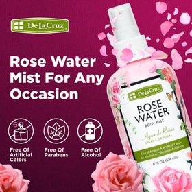 De La Cruz rose water mist scented bed sheets for calming ambiance.