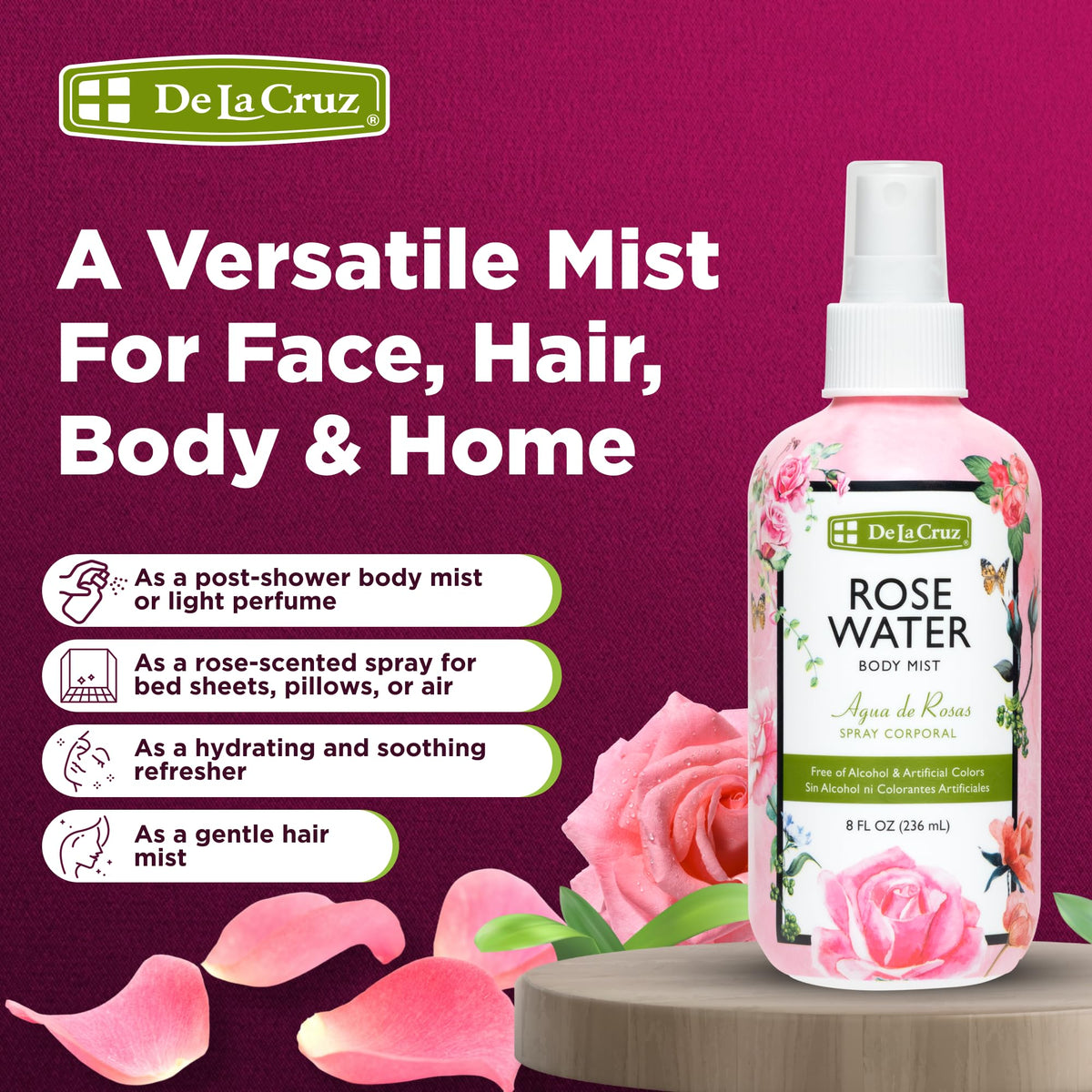 De La Cruz rose water spray applied to face for gentle hydration.