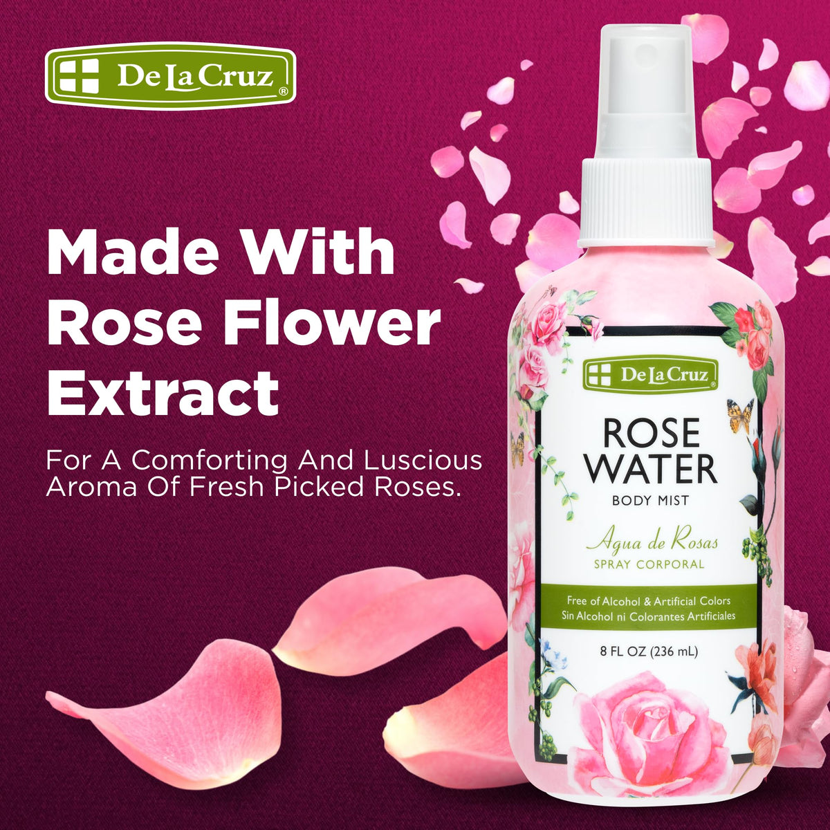 De La Cruz rose water toner refreshed skin after cleansing.