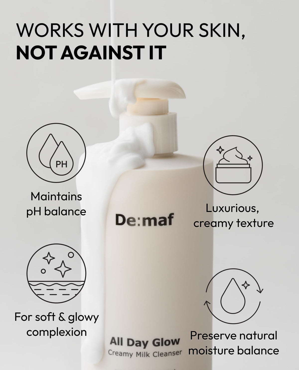De:maf All Day Glow Cleanser bottle on shelf showing fragrance-free formula.