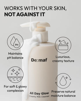 De:maf All Day Glow Cleanser bottle on shelf showing fragrance-free formula.