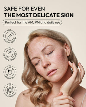 De:maf All Day Glow Cleanser imagery highlighting low pH balance for comfortable cleansing.
