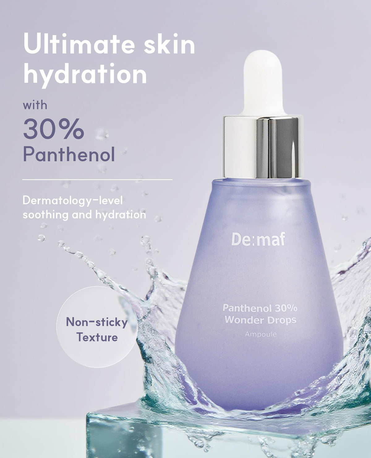 De:maf Panthenol 30% Wonder Drops Ampoule close-up showing serum texture for soothing skin.