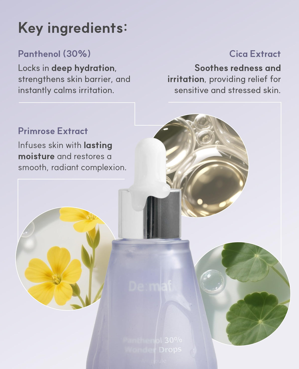 De:maf Panthenol 30% Wonder Drops Ampoule texture close-up showing silky serum.