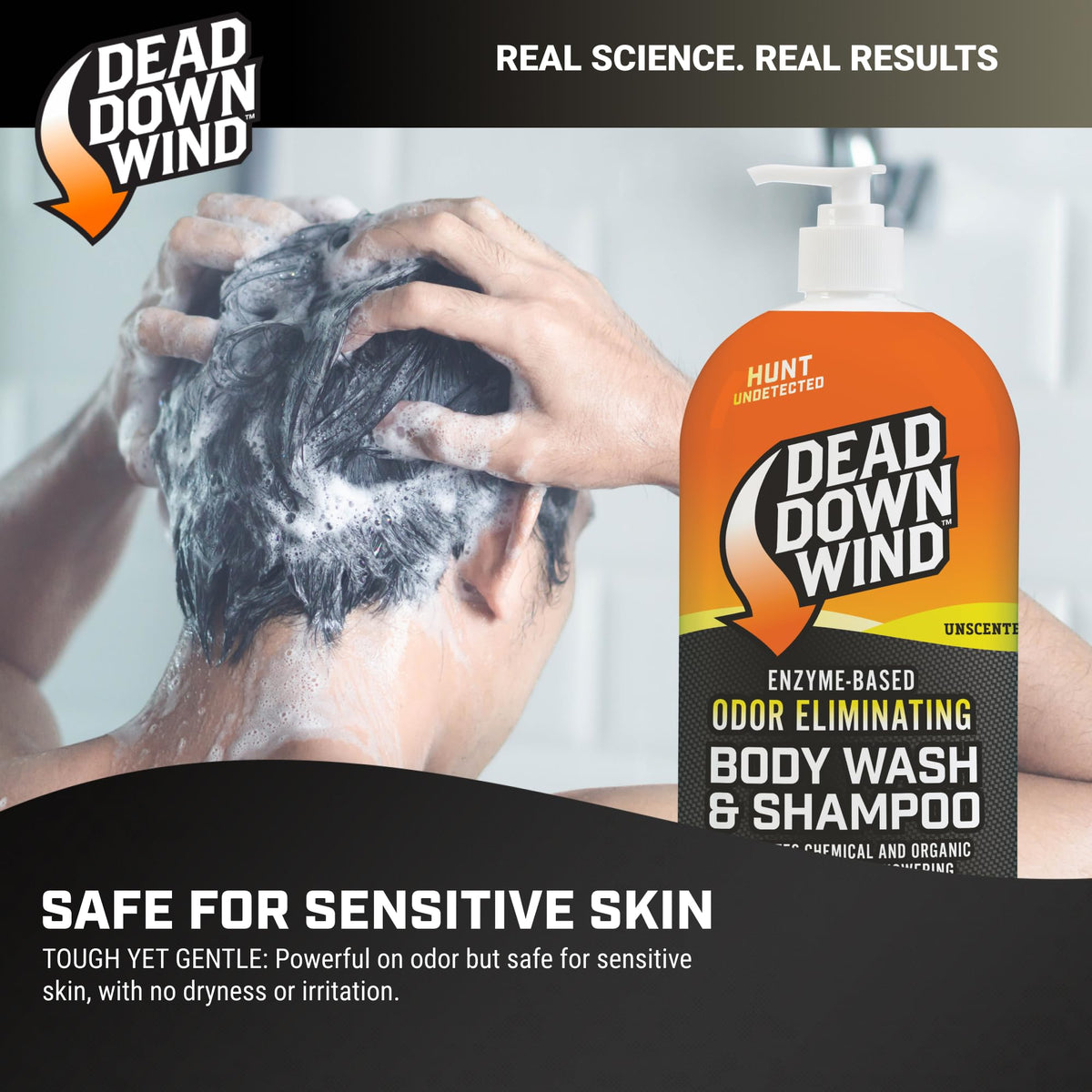 Dead Down Wind sensitive-skin safe ingredients indicate gentle cleansing.