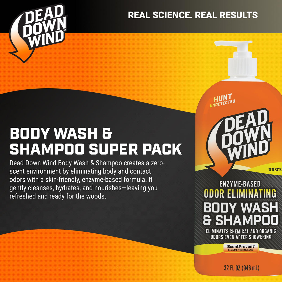 Dead Down Wind unscented body wash bottle closeup shows two-pack value.