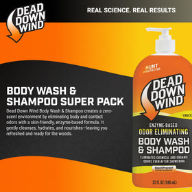 Dead Down Wind unscented body wash bottle closeup shows two-pack value.