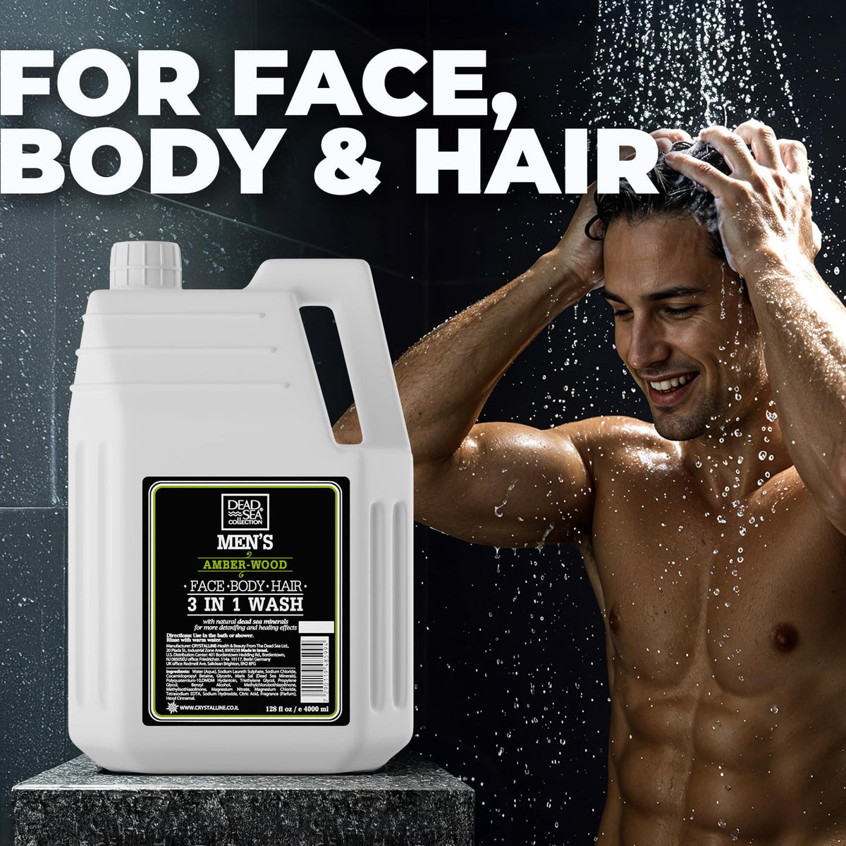 Dead Sea Collection 3 in 1 body wash for face, hair, and body in one bottle.