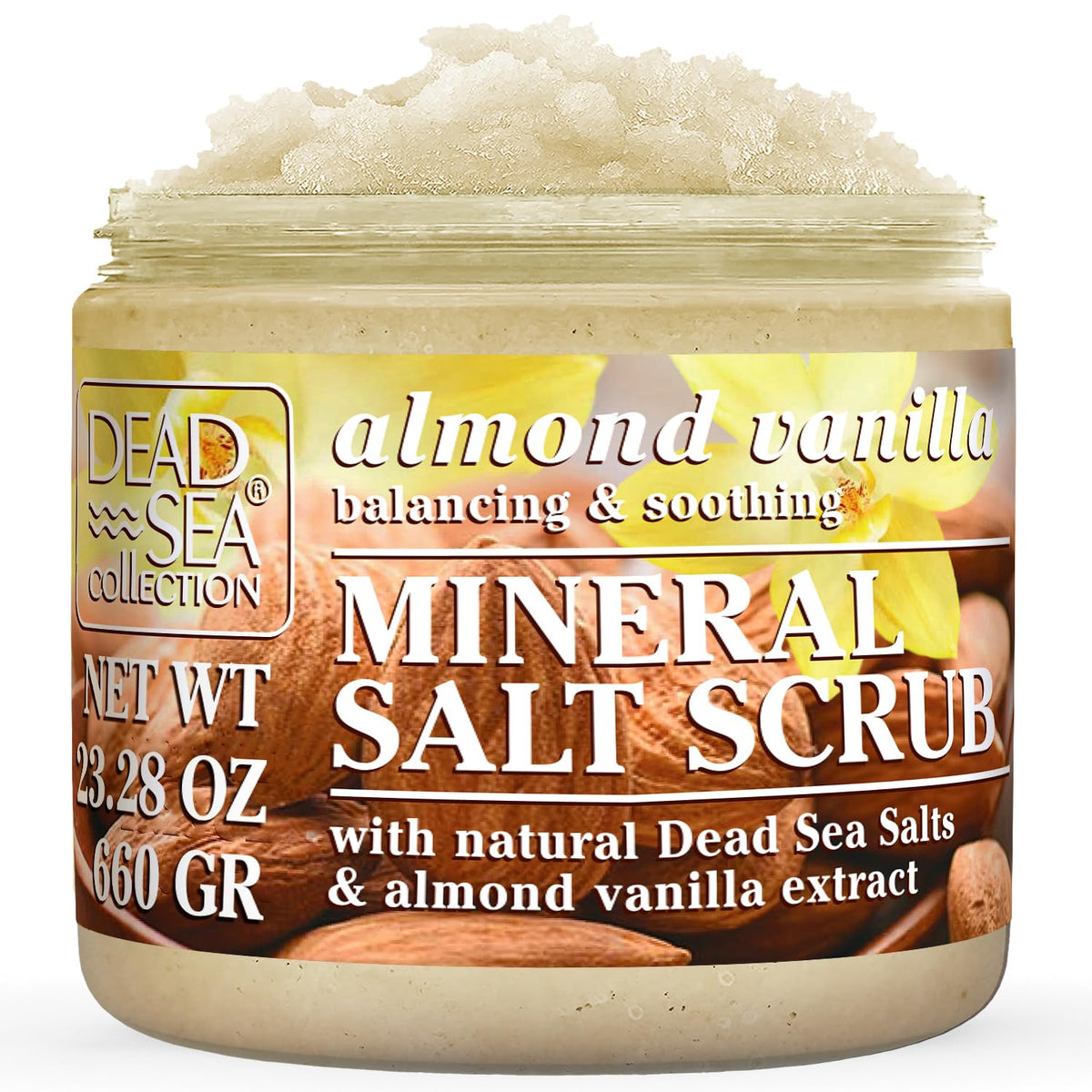 Dead Sea Collection Almond Vanilla Salt Scrub jar for at-home exfoliation and nourishment