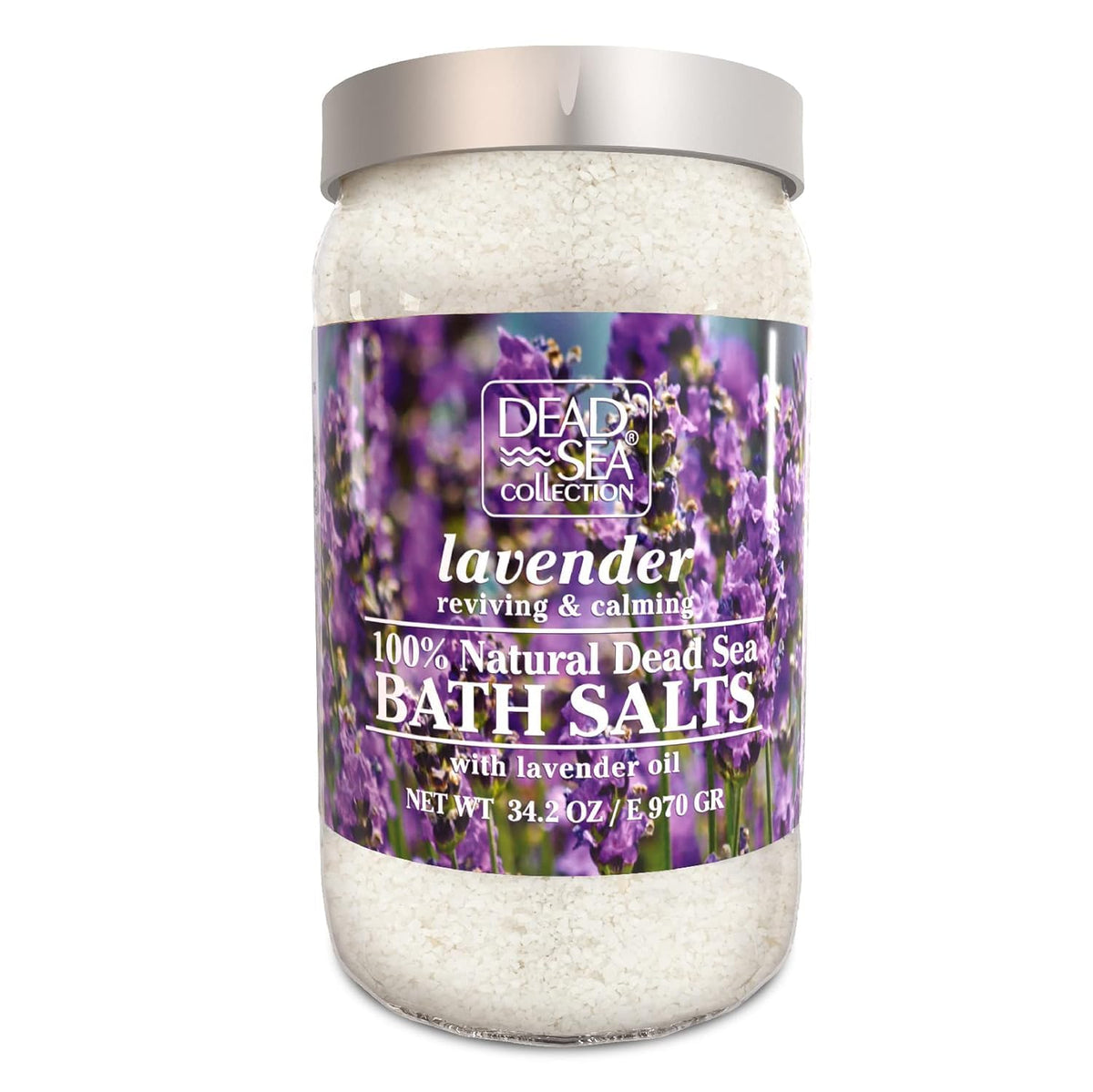 Dead Sea Collection lavender bath salts bottle highlighting mineral-rich formula for a relaxing soak.