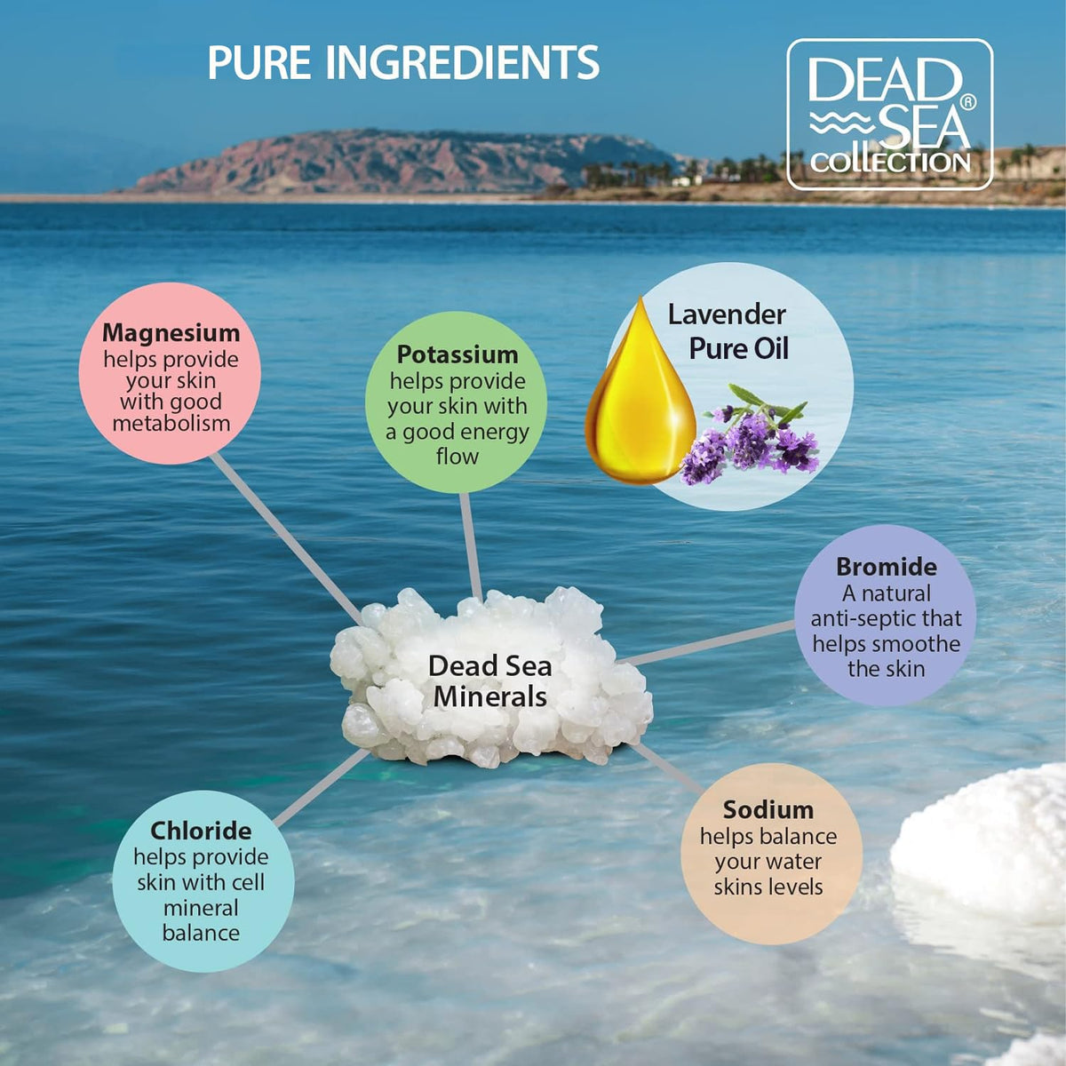 Dead Sea Collection lavender jar cap indicates sealed packaging for fresh, mineral-packed bath ritual.