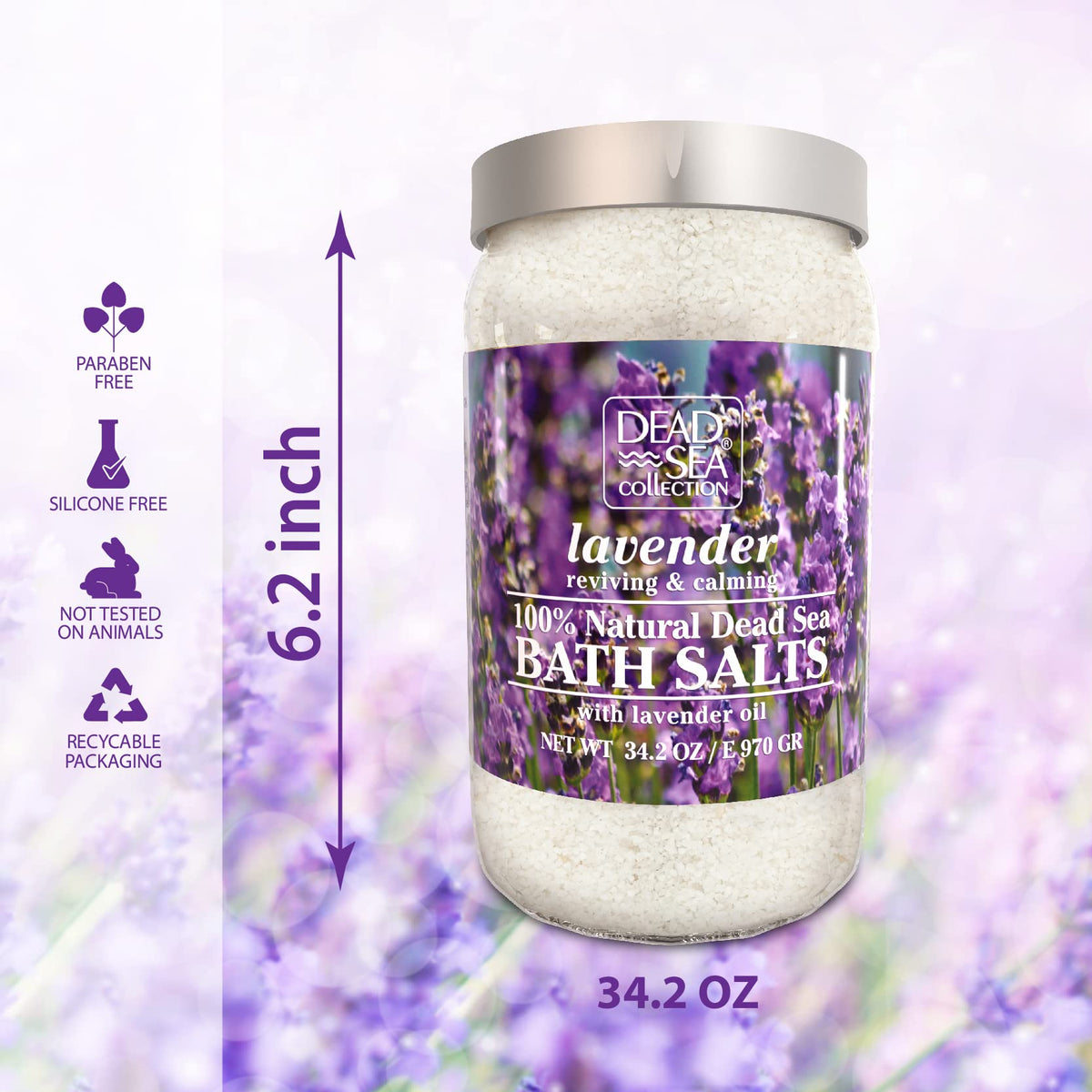 Dead Sea Collection mineral-rich bath salts visual emphasizes skin-nourishing minerals in every scoop.
