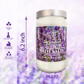 Dead Sea Collection mineral-rich bath salts visual emphasizes skin-nourishing minerals in every scoop.