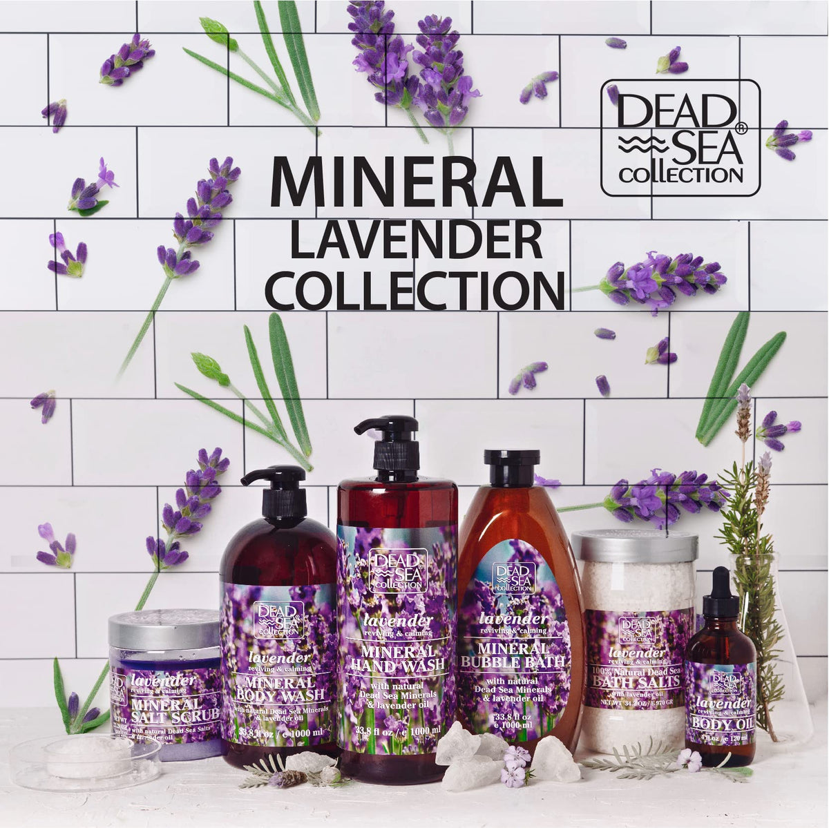 Dead Sea Collection recyclable packaging highlight eco-friendly jars and bottles.