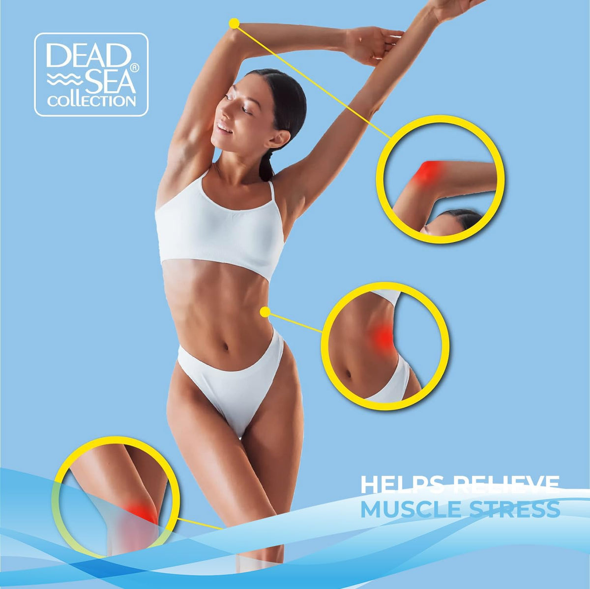 Dead Sea Collection calming bath salts shown with spa setting to illustrate relaxation at home.