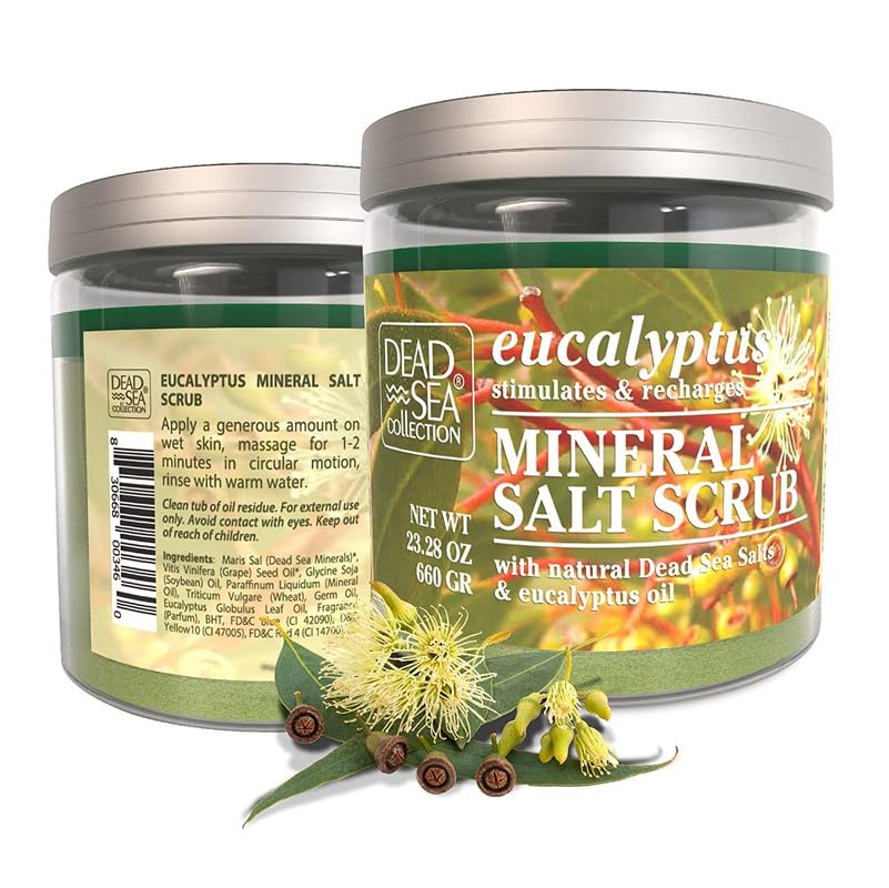 Dead Sea Collection Eucalyptus Salt Scrub aromatic scent wafting from jar.